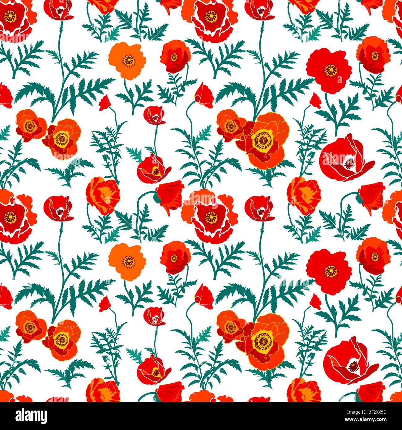 Red poppy seamless pattern . Hand drawn. Not AI, vector illustration. Stock Vector