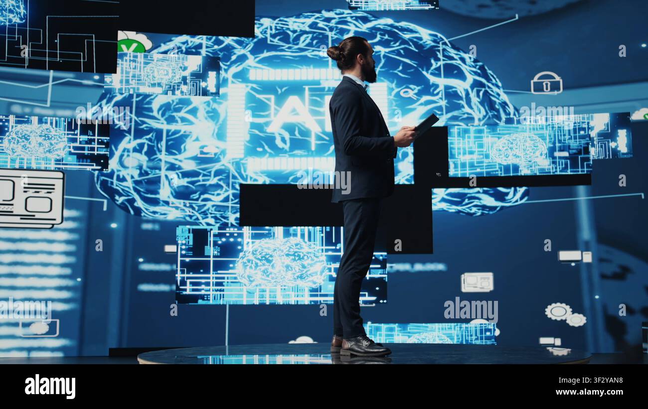 Tech savvy administrator reviewing AI brain programming on a tablet, exploring algorithmic thinking and deep learning through neural networks system. Artificial intelligence coding. Camera B. Stock Photo