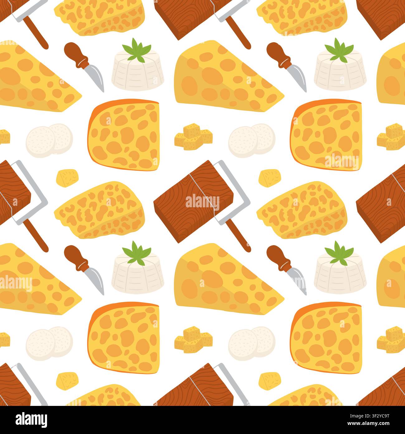 Cheese slices with cheese slicer seamless pattern Stock Vector