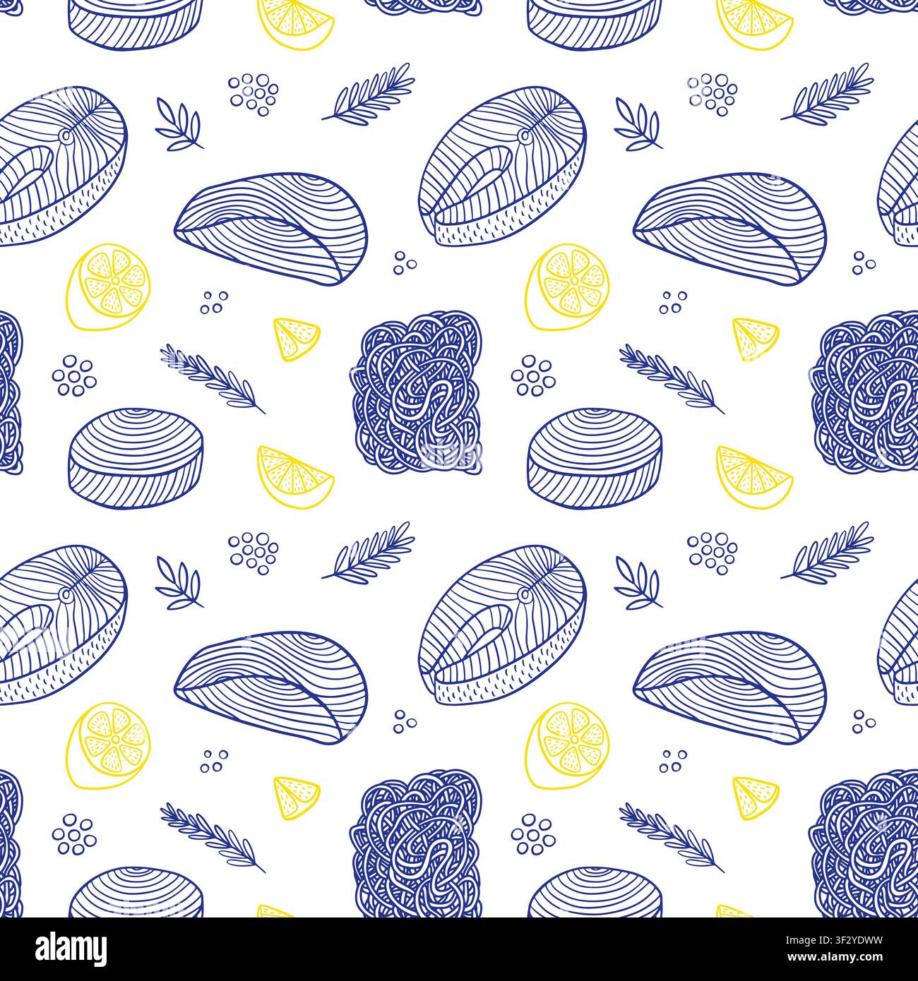 Fish and pasta hand drawn seamless pattern Stock Vector