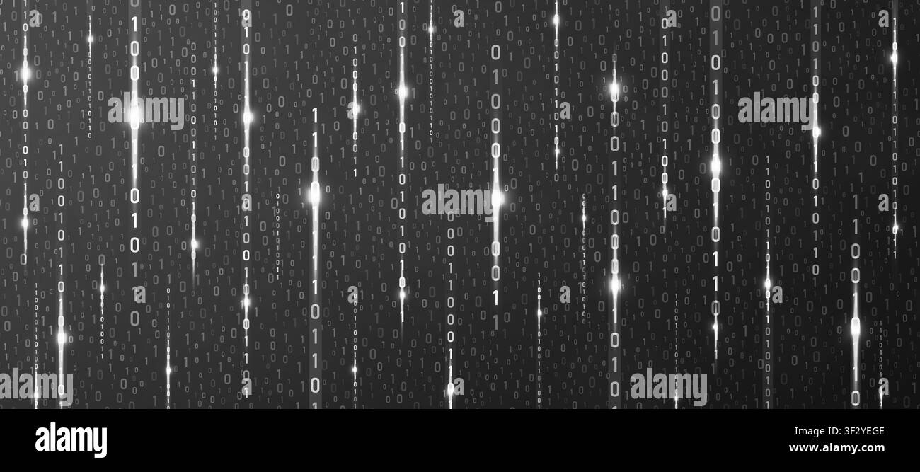 Binary rain black cyber background. Matrix style futuristic high-tech backdrop. Technology computer numbers network pattern. Futuristic programming vi Stock Vector