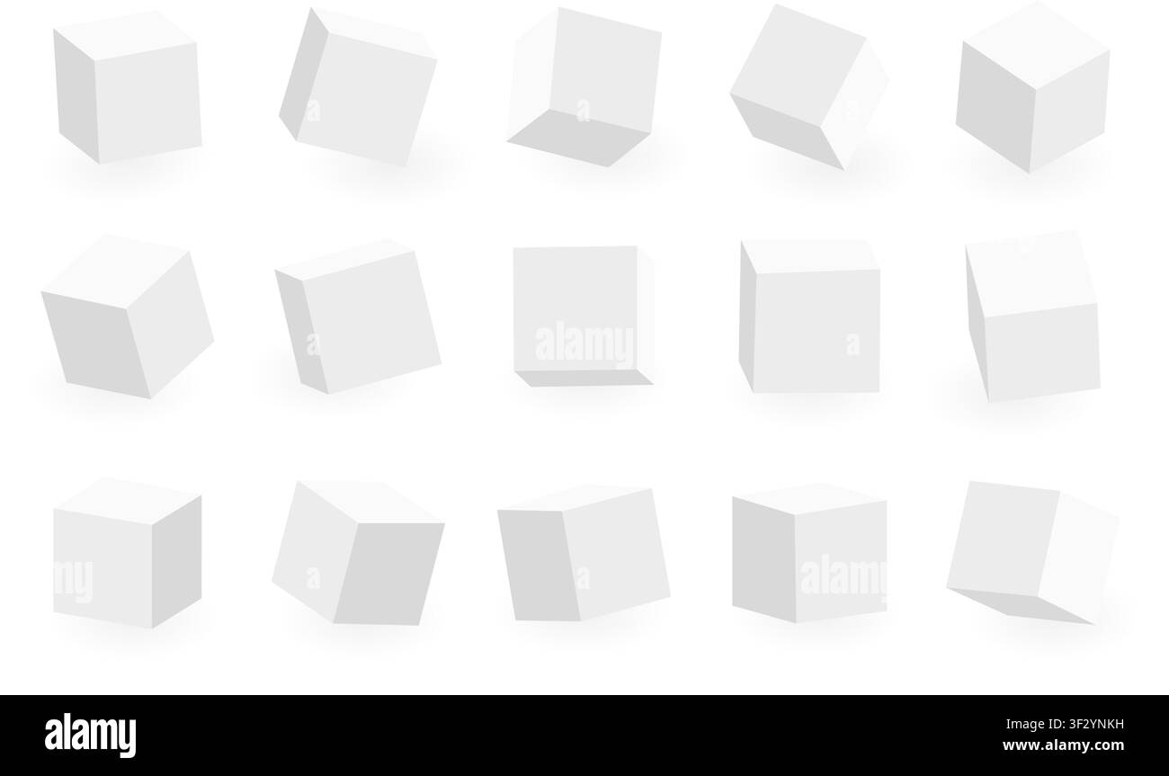 White 3D cube pack isolated on transparent background. Multiple cubes. Different light, perspective and angle. Vector PNG Stock Vector