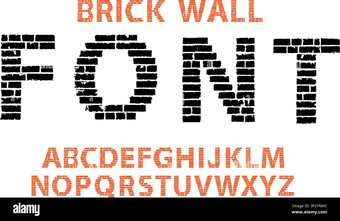 Orange and black decorative brick wall style font isolated on transparent background. Vector PNG Stock Vector