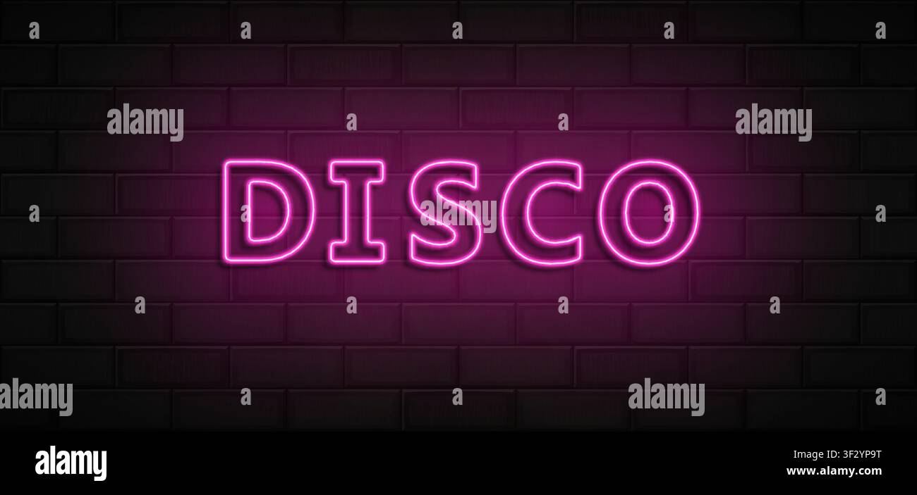 Disco sign and heart made with realistic pink led neon tubes on black wall background. Light effec. Detailed vector illustration Stock Vector