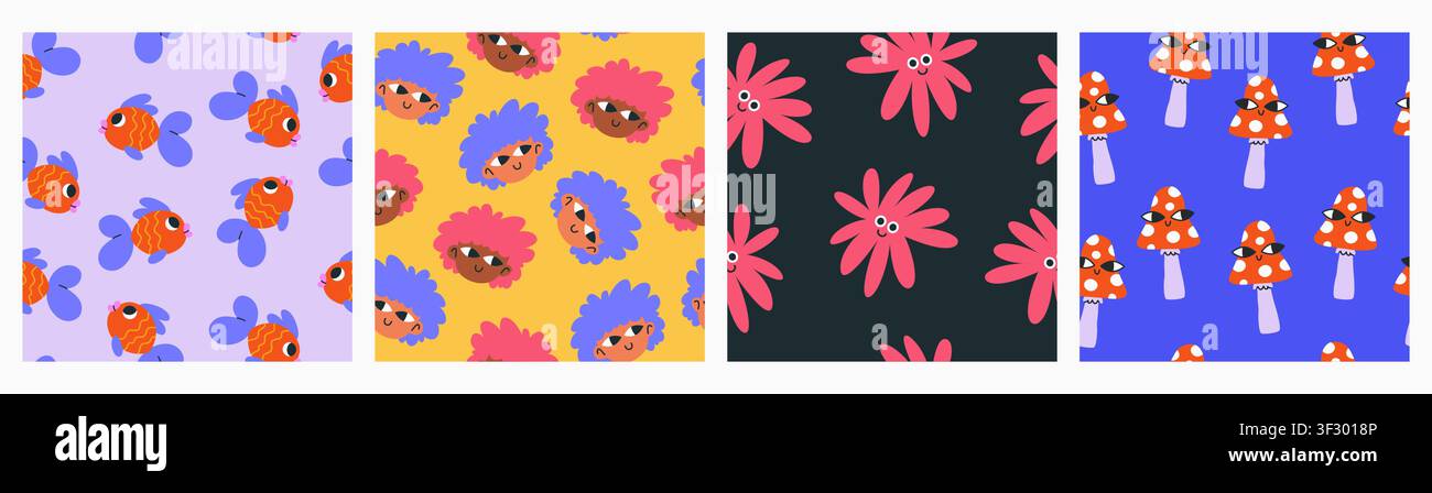 Funky Seamless Patterns with doodle elements. Stock Vector