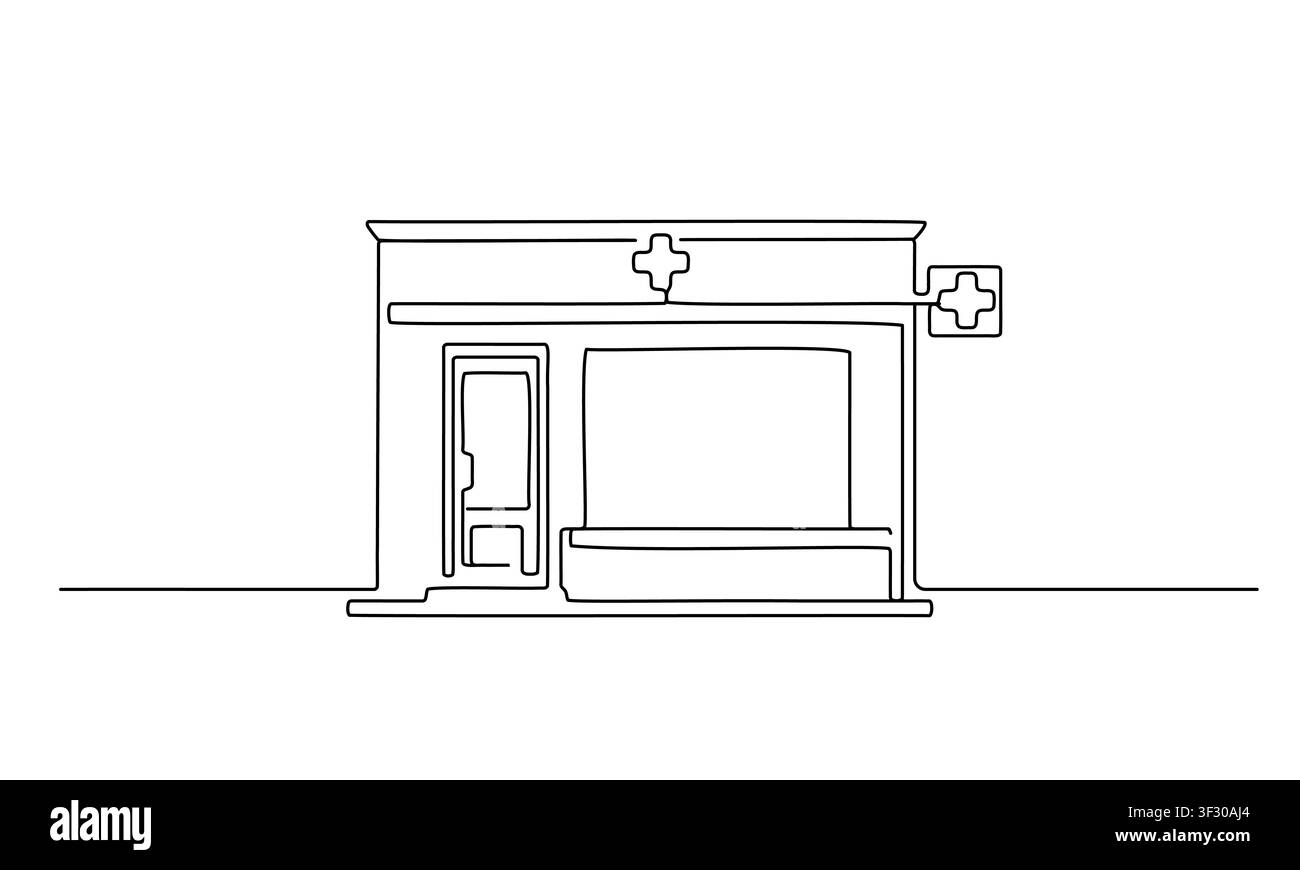 Pharmacy Storefront One Line Illustration Stock Vector
