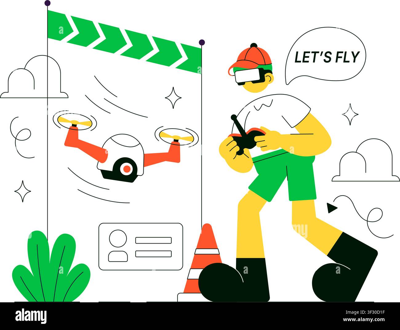 FPV Drone Racing Vector Illustration Featuring First Person View Drone Competition, Remote Control Racing, Flying Technology, and Esports Stock Vector