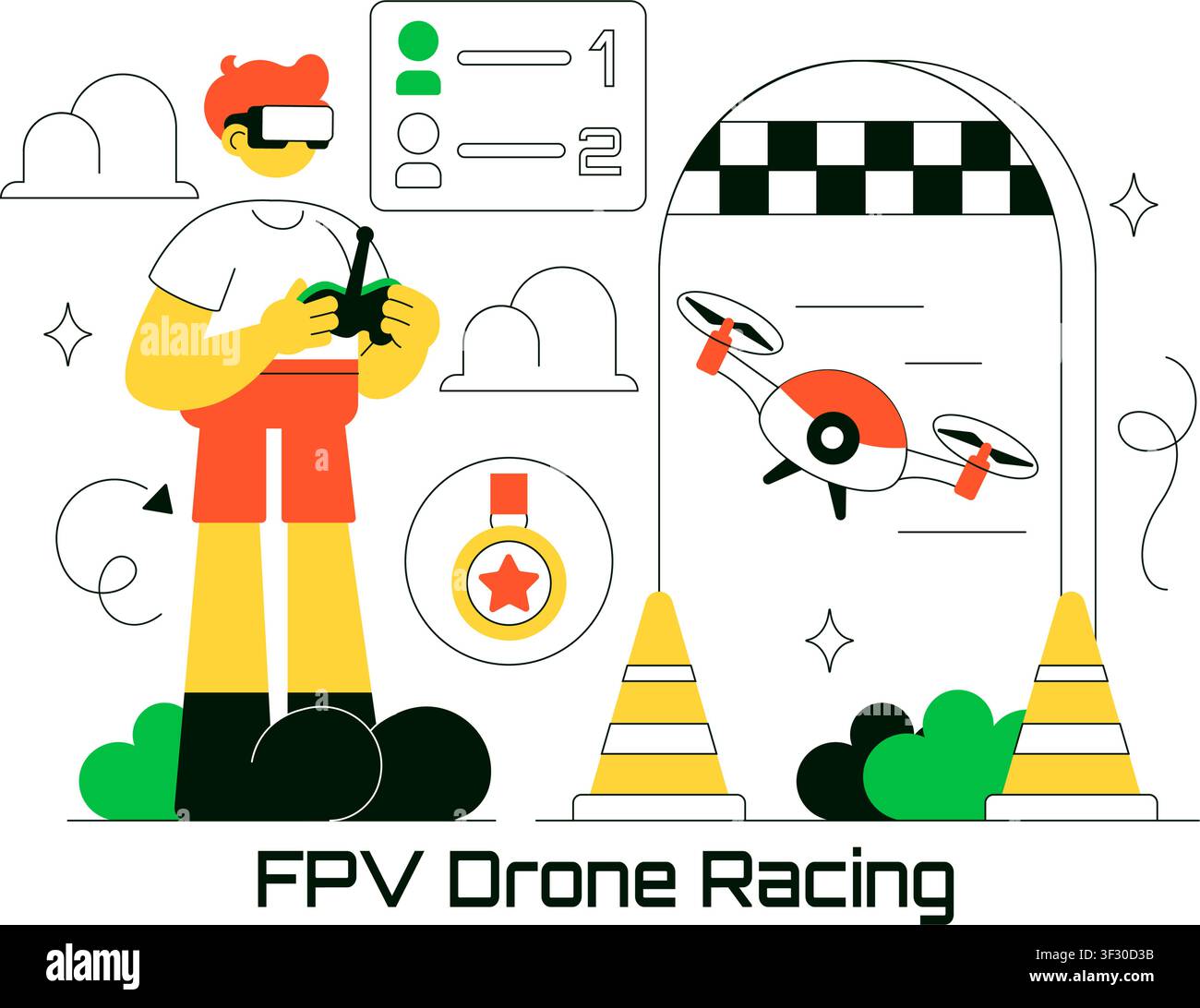 FPV Drone Racing Vector Illustration Featuring First Person View Drone Competition, Remote Control Racing, Flying Technology, and Esports Stock Vector
