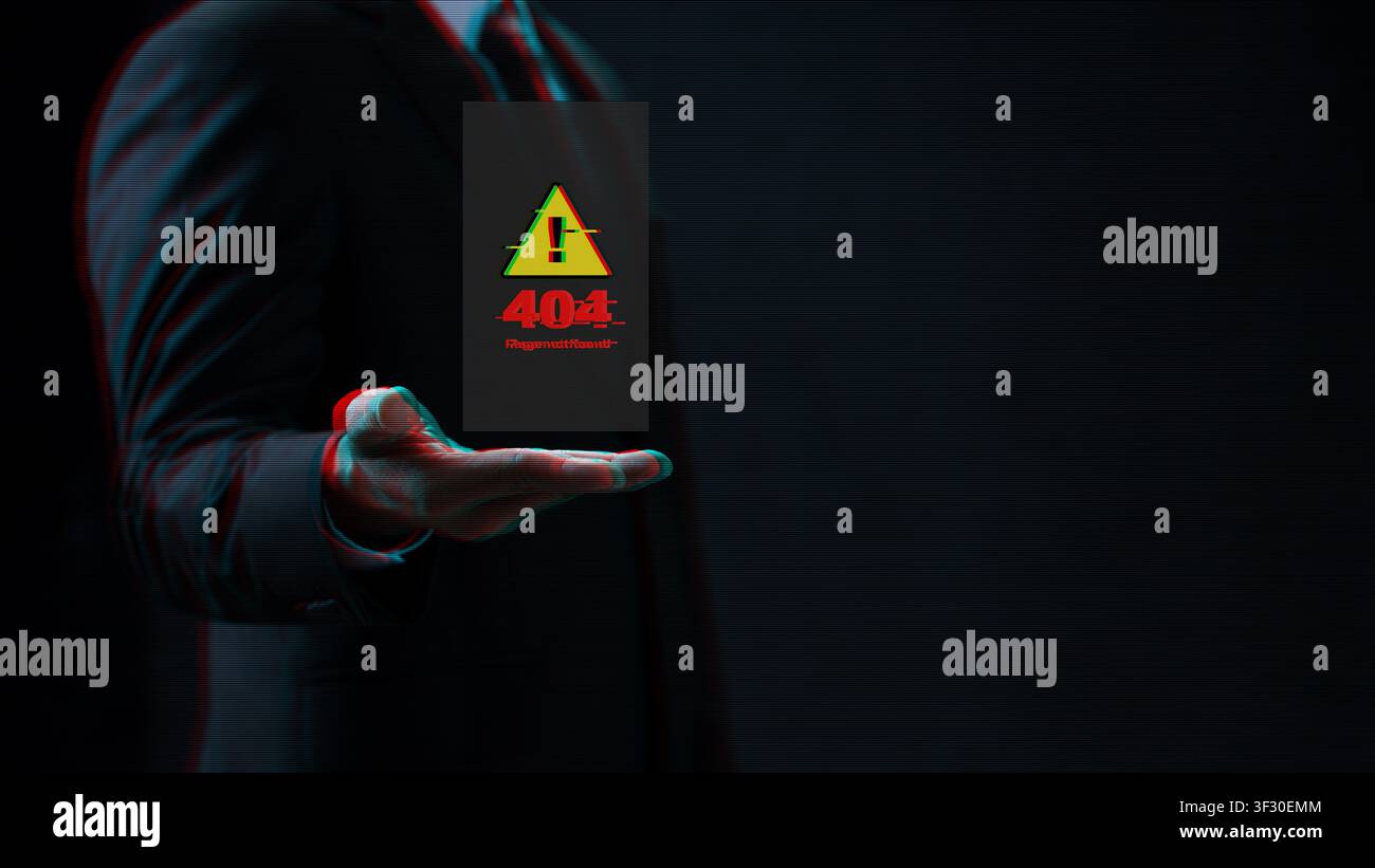 A digital conceptual image showing a businessman holding a glitchy 404 error page not found warning. Ideal for technology, cyber security, and website Stock Photo
