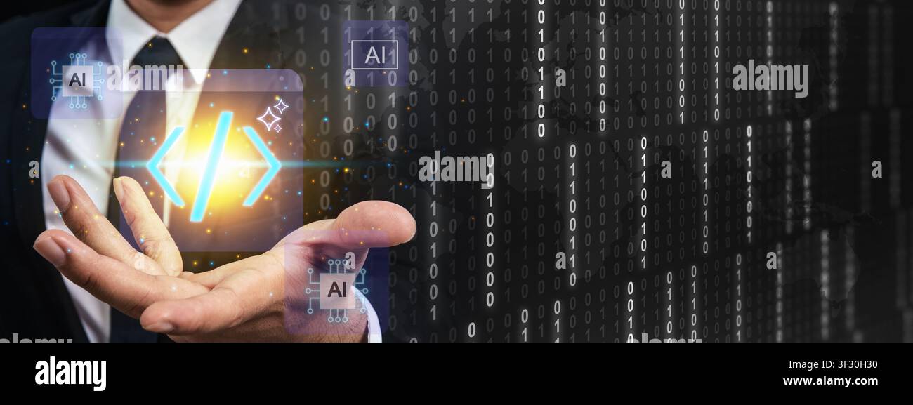 Businessman holding a glowing code symbol with AI icons on a binary background. Concept for artificial intelligence in software development, programmi Stock Photo