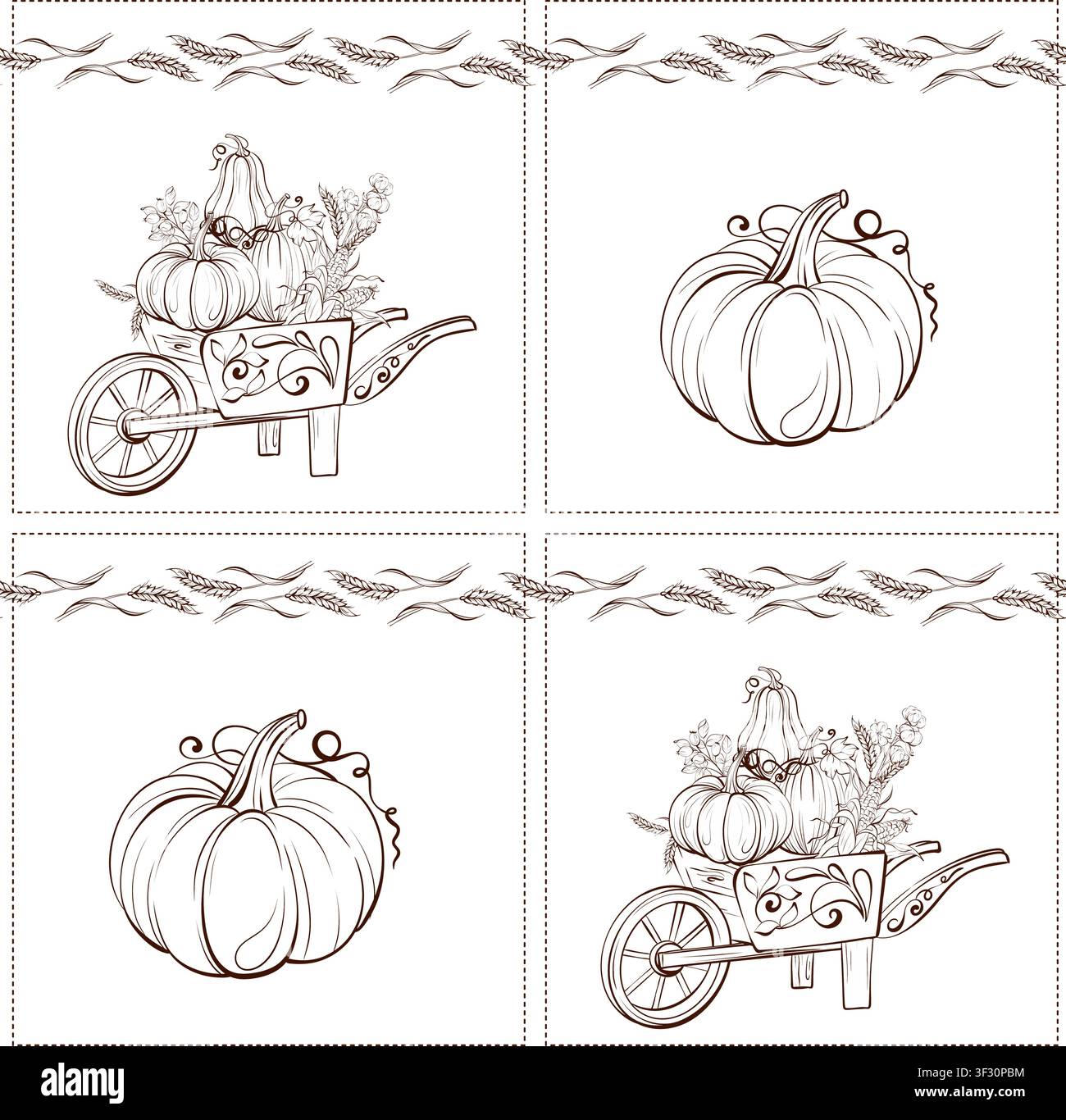 Harvest seamless vector pattern black and white fine line drawing, wagon with pumpkins and botanical elements for seasonal packaging and surface Stock Vector