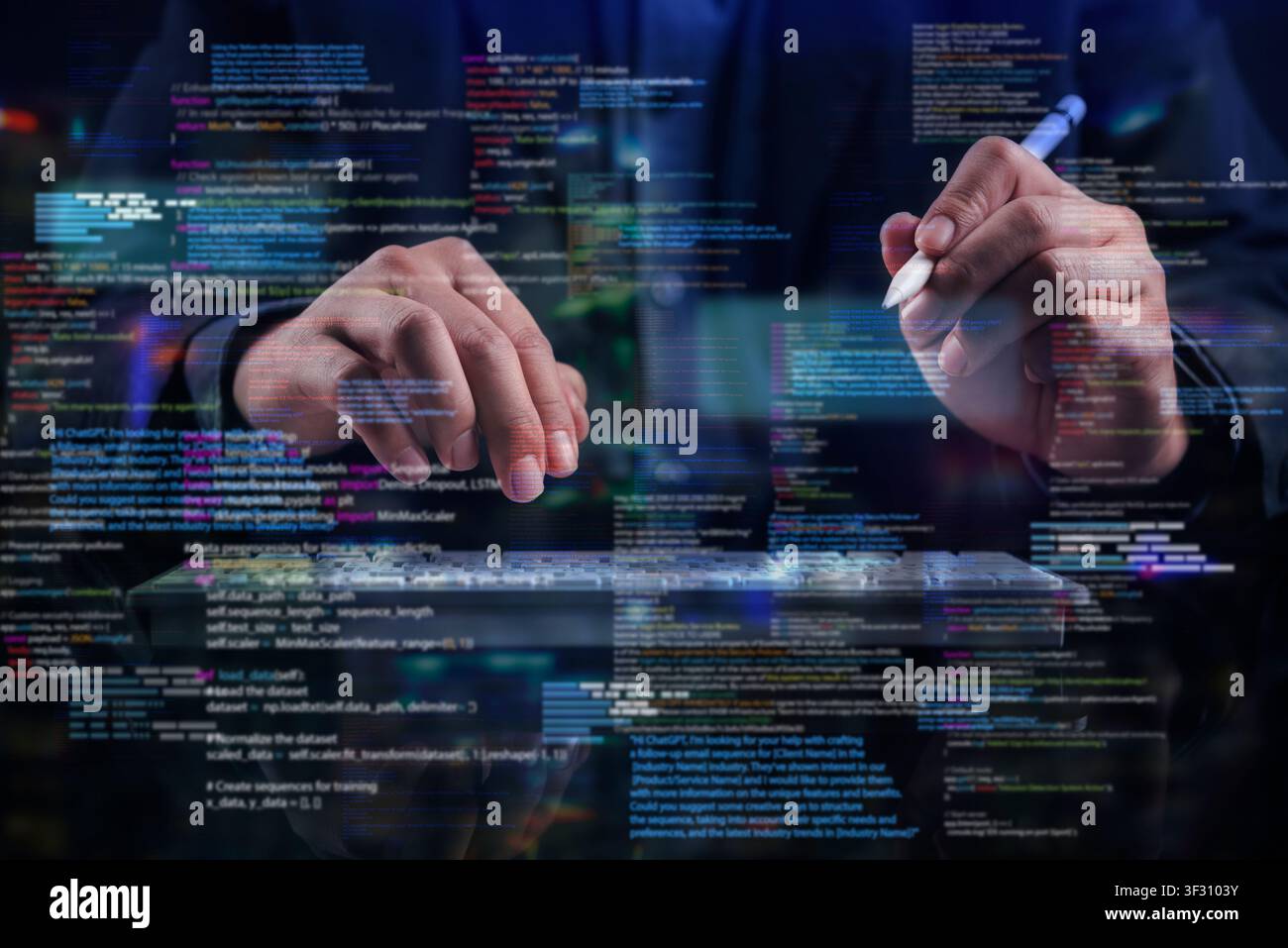 Programmer typing on virtual keyboard with glowing digital code overlay. Concept of software development, computer programming, cybersecurity, artific Stock Photo