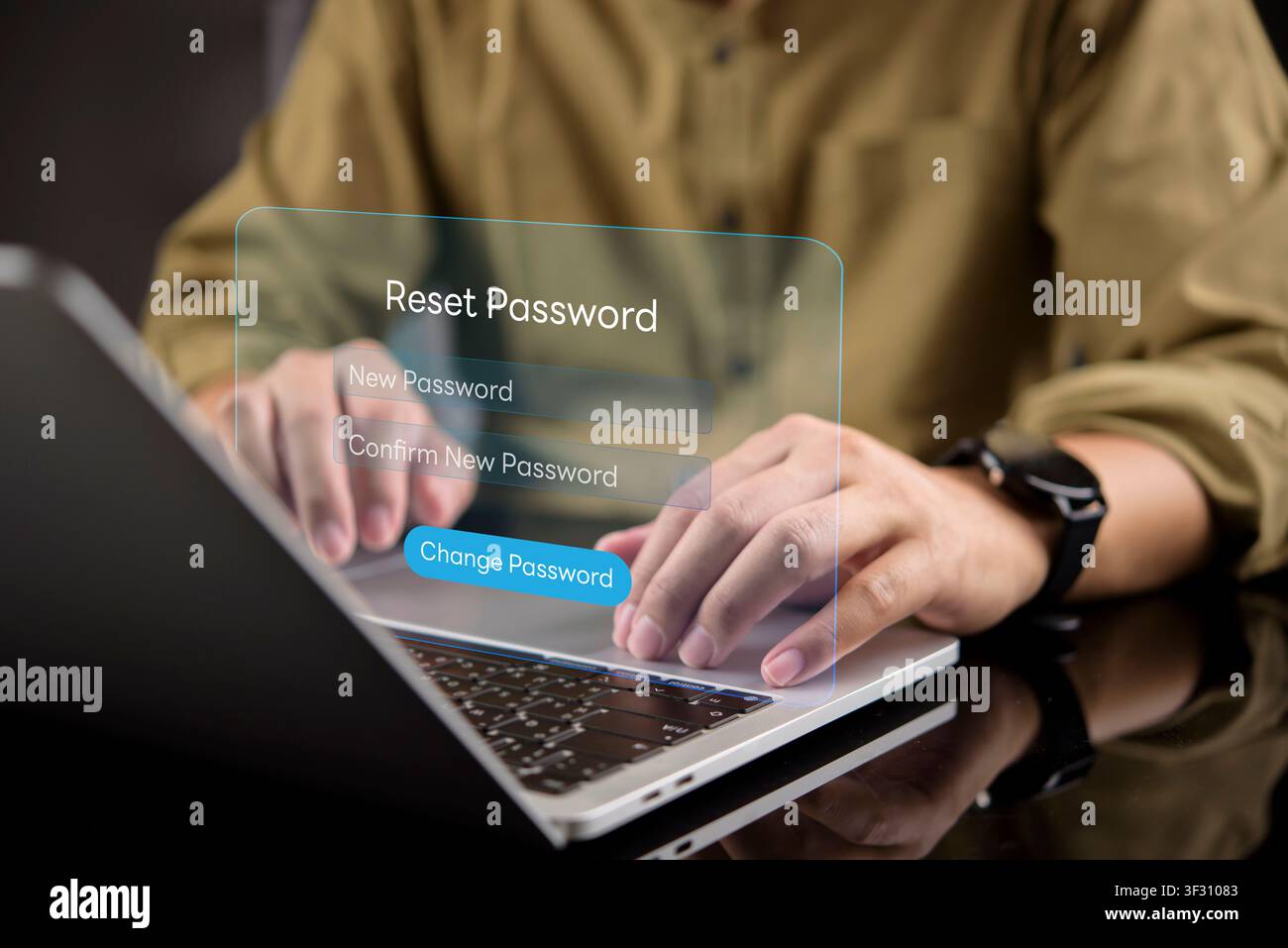 Man hands typing on laptop with virtual password reset interface. Concept of changing new password, account recovery, security update, and digital ide Stock Photo