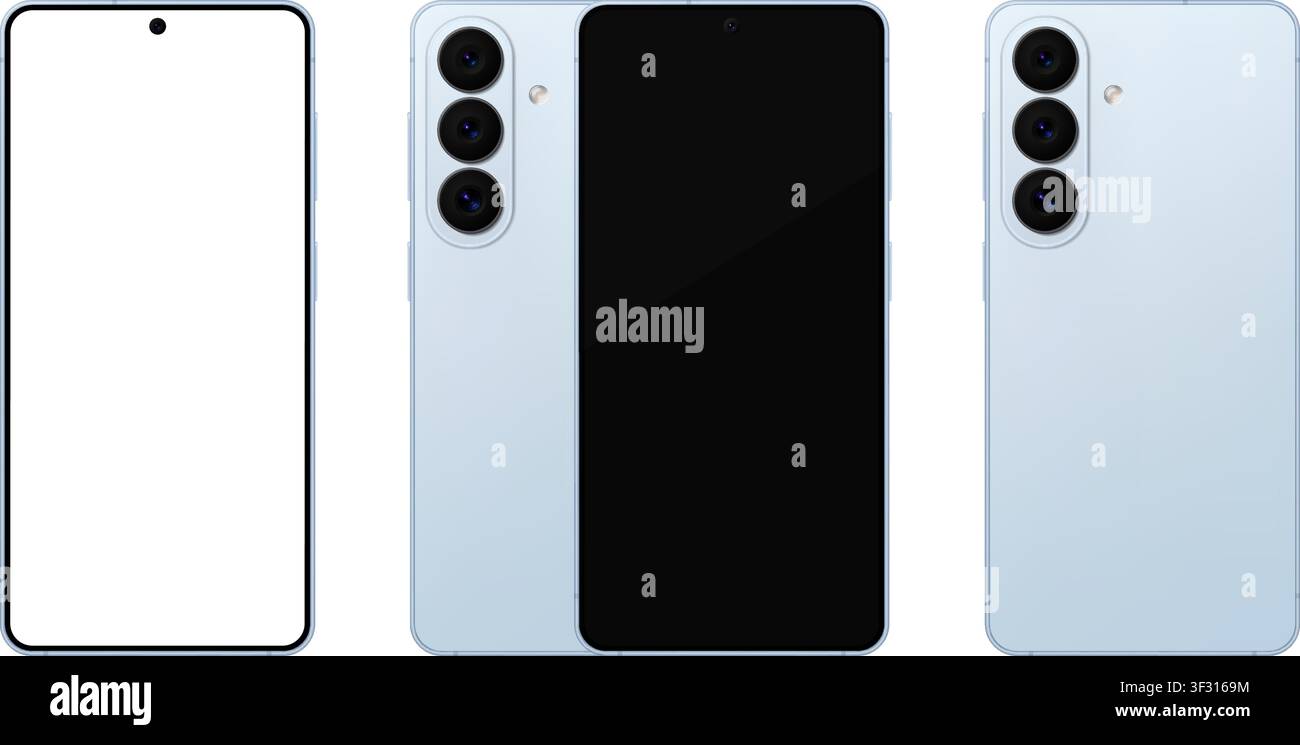 Detailed blue mobile phone with stylus mockup. Front and rear view isolated on transparent background. Vector PNG Stock Vector