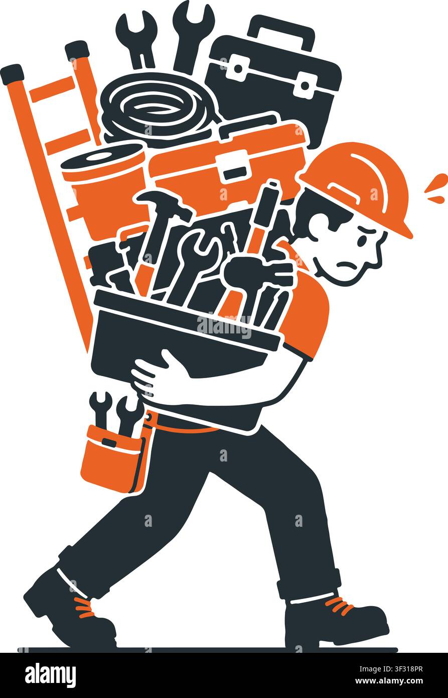 Construction Worker Carrying Heavy Toolbox Equipment Flat Character Illustration Stock Vector