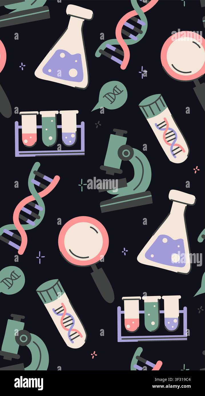 Vector seamless pattern DNA research. Texture of genetic research and exploration. Science background with laboratory equipment, microscope, magnifyin Stock Vector