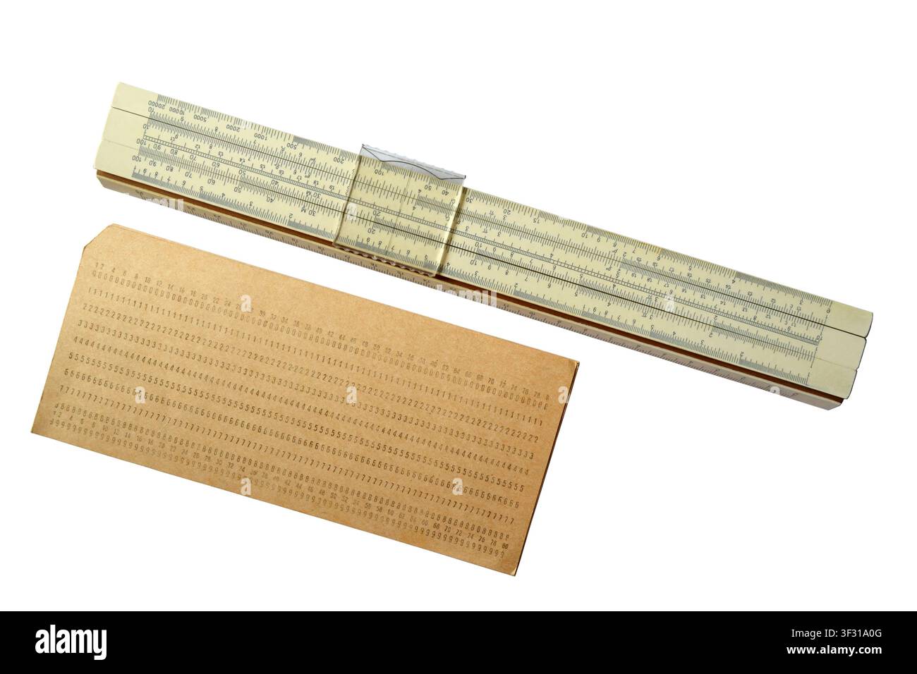 Vintage slide rule and punched card isolated on white background Stock Photo