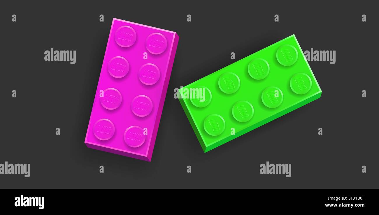 Realistic pink and green Lego plastik constructor parts 4x2 isolated on dark grey background. Vector editorial illustration Stock Vector