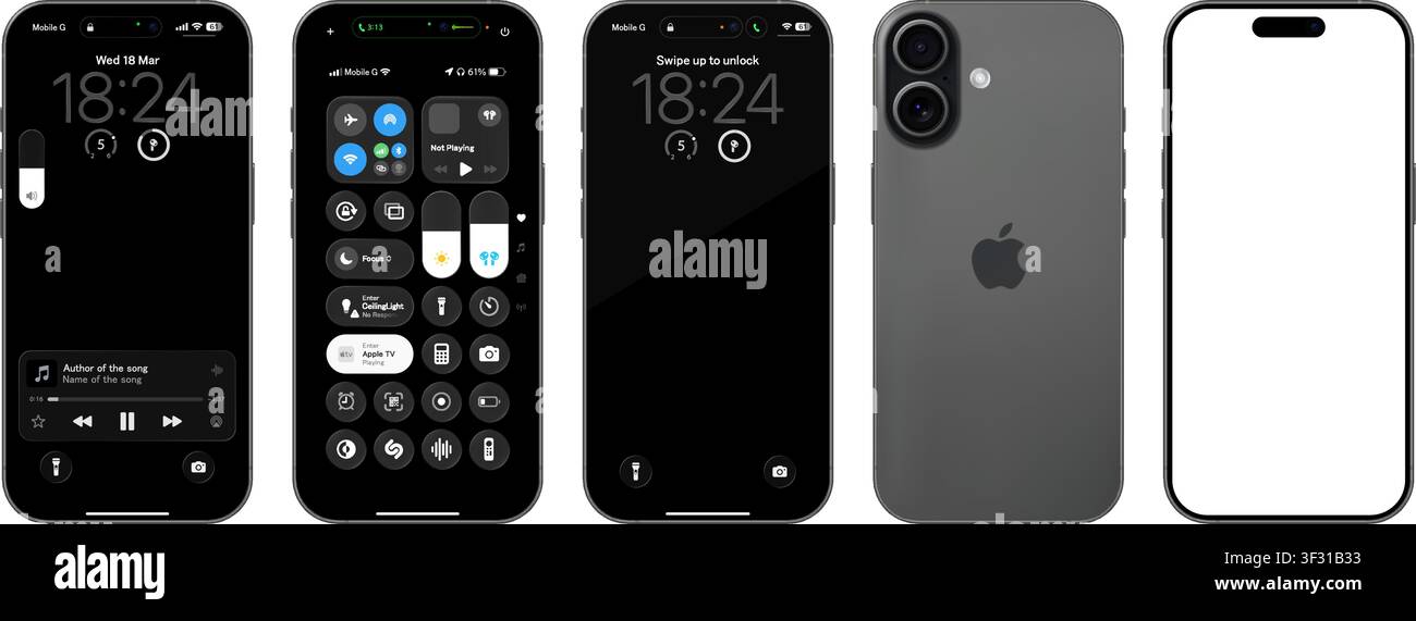 Photorealistic detailed Apple Iphone 17 Black basic IU mockup isolated. iOS 26, liquid grass 2026 full template design. Vector editorial illustration Stock Vector