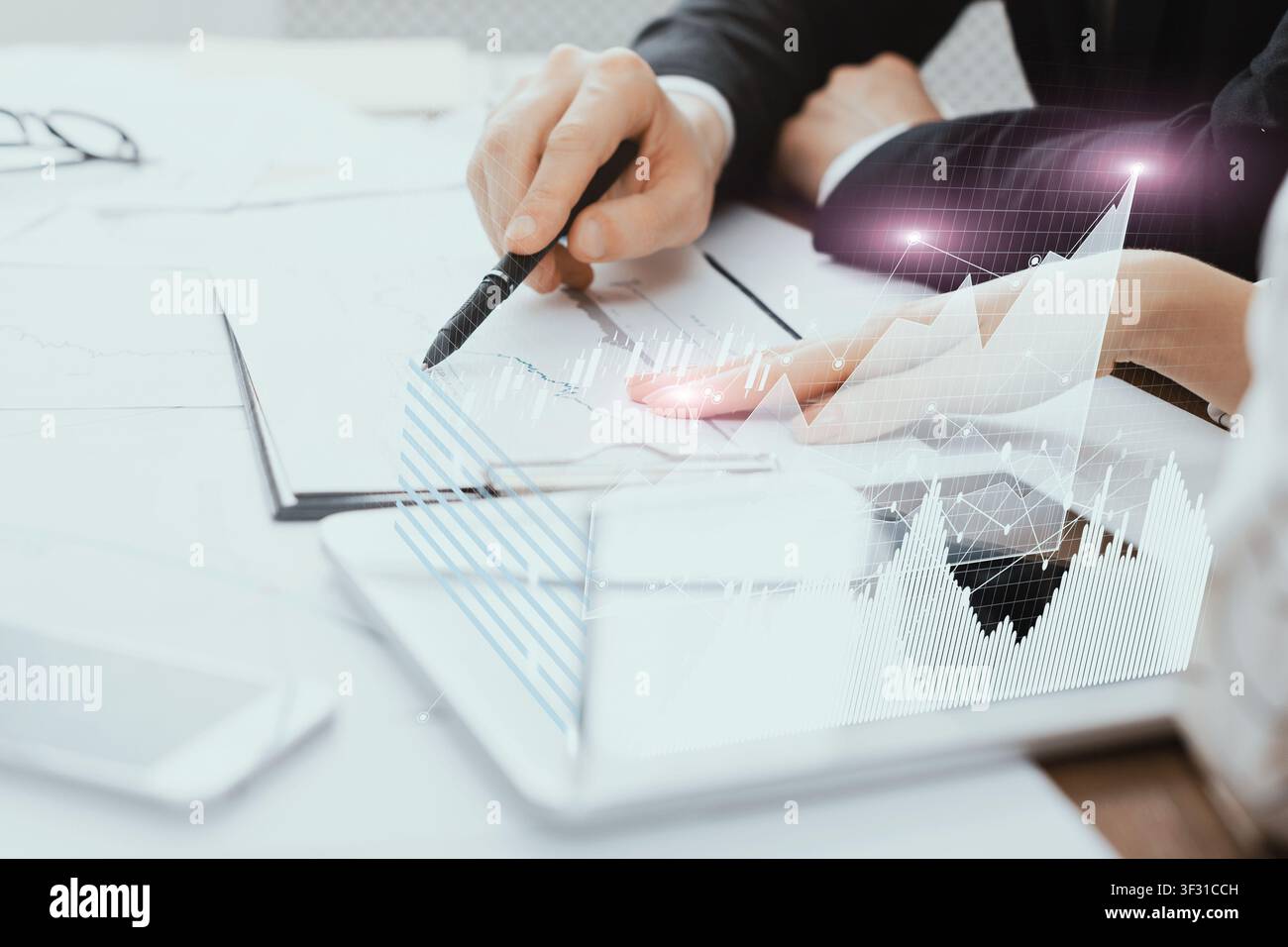 Businessman and assistant working with documents at office, collage with financial data on virtual screen Stock Photo