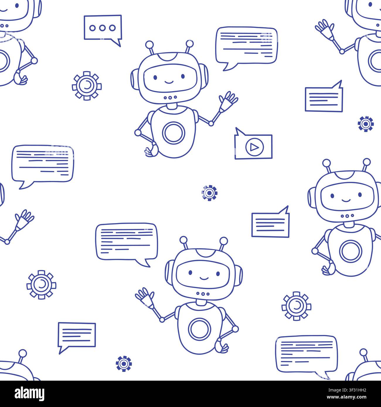 AI Chatbot Seamless Pattern on White Background. Cute Robot with Speech Bubble Line Art Repeated Template. Vector Illustration for No-Code Website, Te Stock Vector