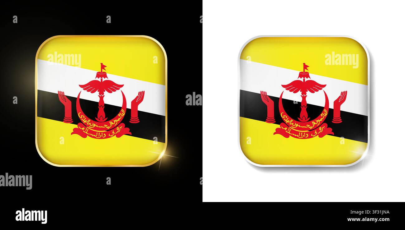 Brunei flag shiny golden and silver icons isolated on black and white. Vector 3D square rounded illuminated buttons with shadow. Use for bets, tournam Stock Vector