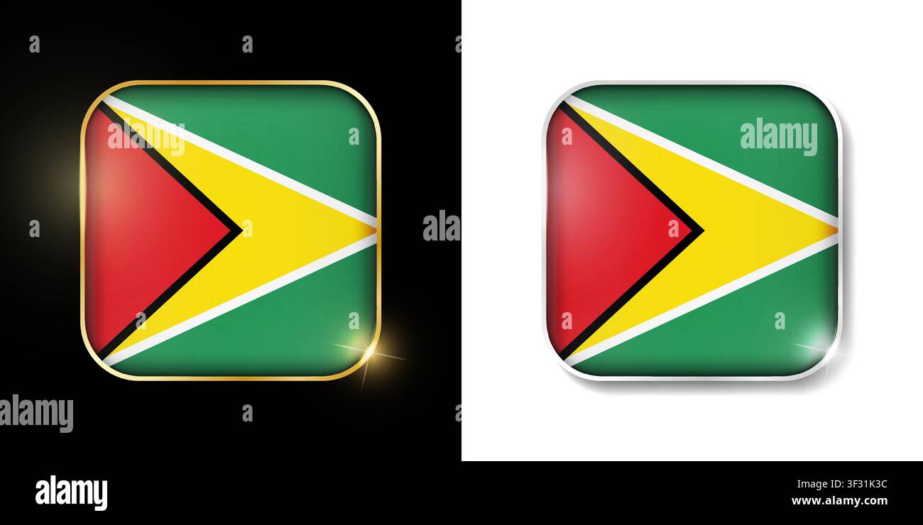 Guyana flag shiny golden and silver icons isolated on black and white. Vector 3D square rounded illuminated buttons with shadow. Use for bets, tournam Stock Vector