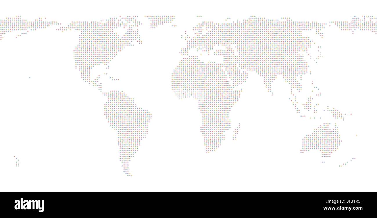 Colorful Dot Pattern World Map Rainbow Halftone Continents in Vibrant Multicolor Tones for Wall Art Poster Presentation Slide Background Infographic D Stock Vector