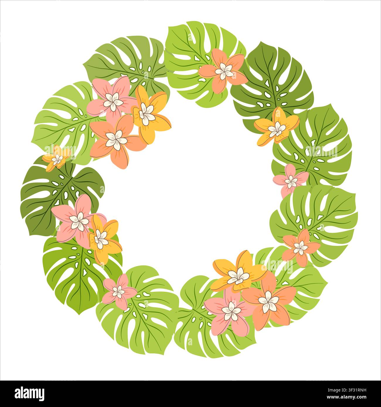 Vector illustration of a round tropical wreath. Circular monstera leaf frame with colorful plumeria flowers for wedding invitation and logo design. Stock Vector