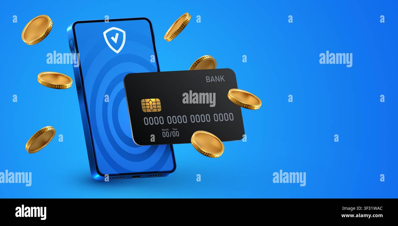 Mobile banking and secure digital payment concept with smartphone, credit card and coins. Vector illustration Stock Vector