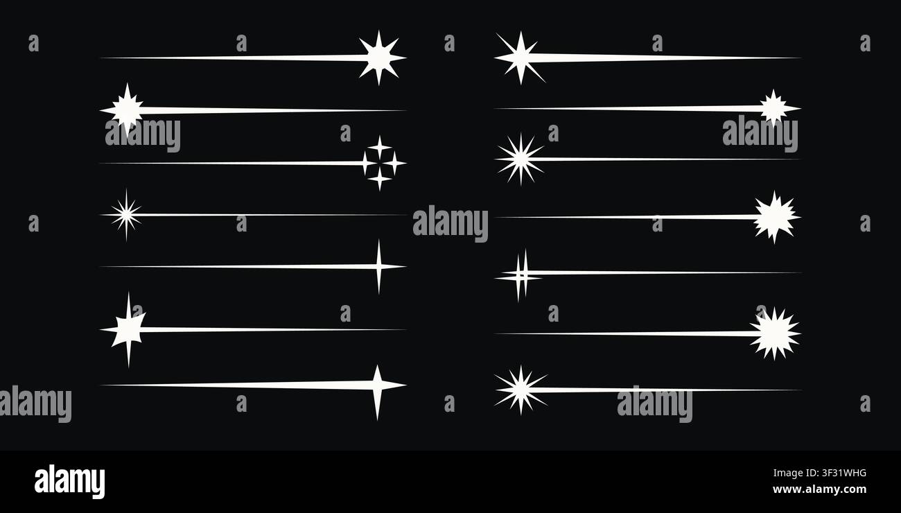 Set of vector celestial star dividers. Simple shooting sparkle lines, radiant starbursts, sleek horizontal highlight streaks. Clean high contrast vector separators isolated on a background. Stock Vector