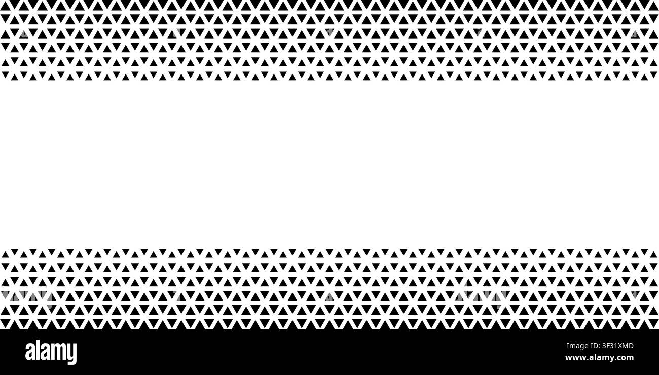 Top and bottom borders with repeating decreasing triangles pattern and empty space in center. Triangular shapes with faded effect. Simple geometric Stock Vector