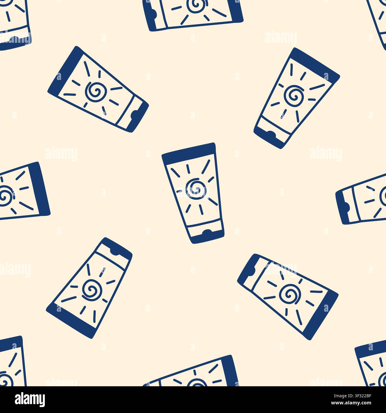 Seamless pattern with sunscreen tubes. Background on the theme of skin protection from sun rays. Print for packaging, design, vector graphics Stock Vector