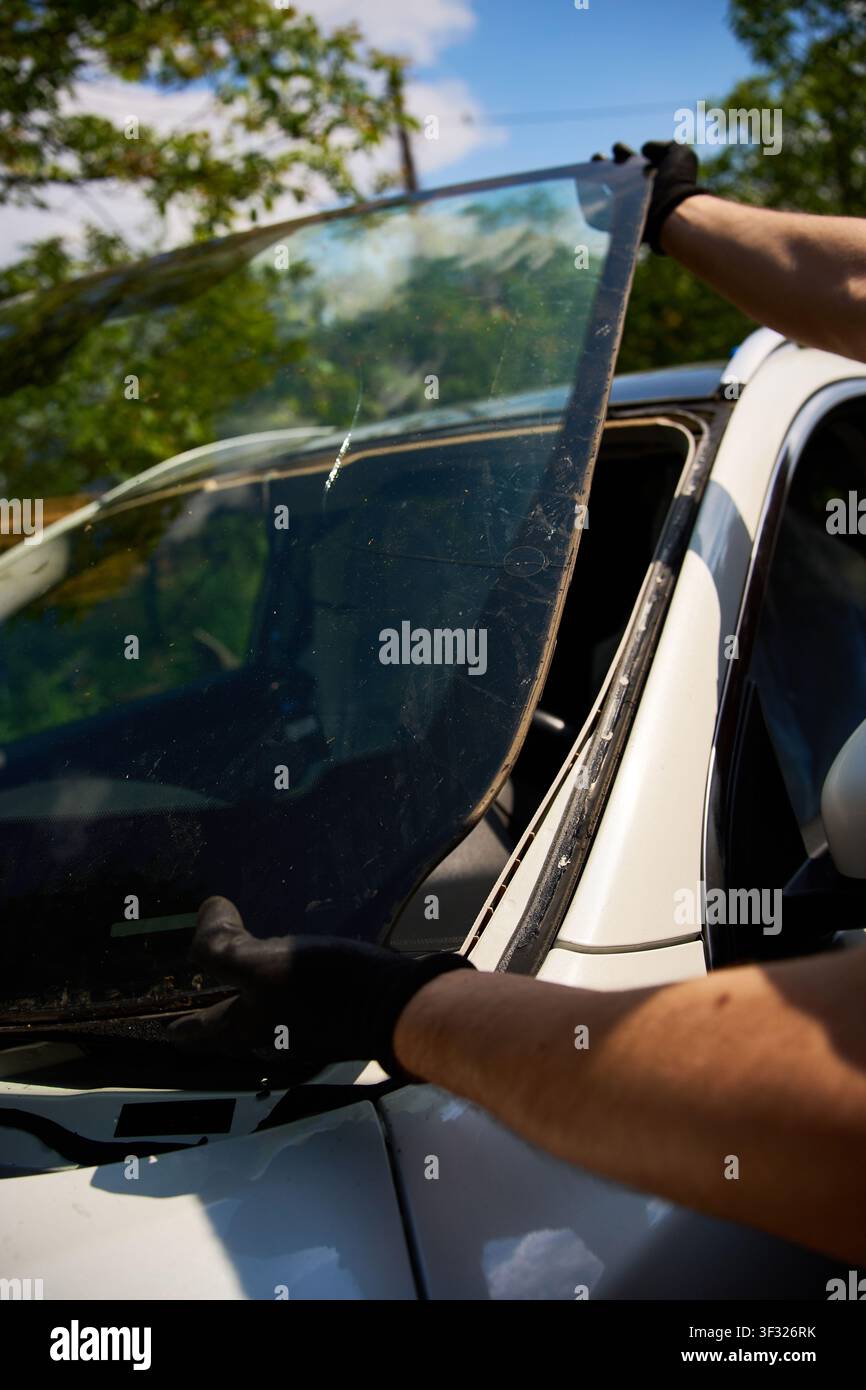 Two auto repair mechanics collaborate to lift a heavy windshield from a ...