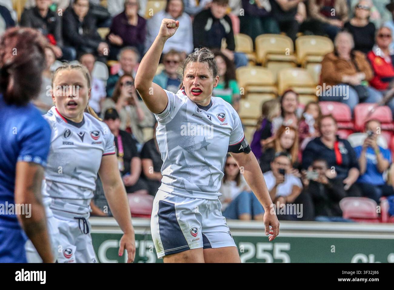 USA centre Ilona Maher celebrates during the Women's Rugby World Cup 2025 Pool A match at York Community Stadium, York, England Stock Photo