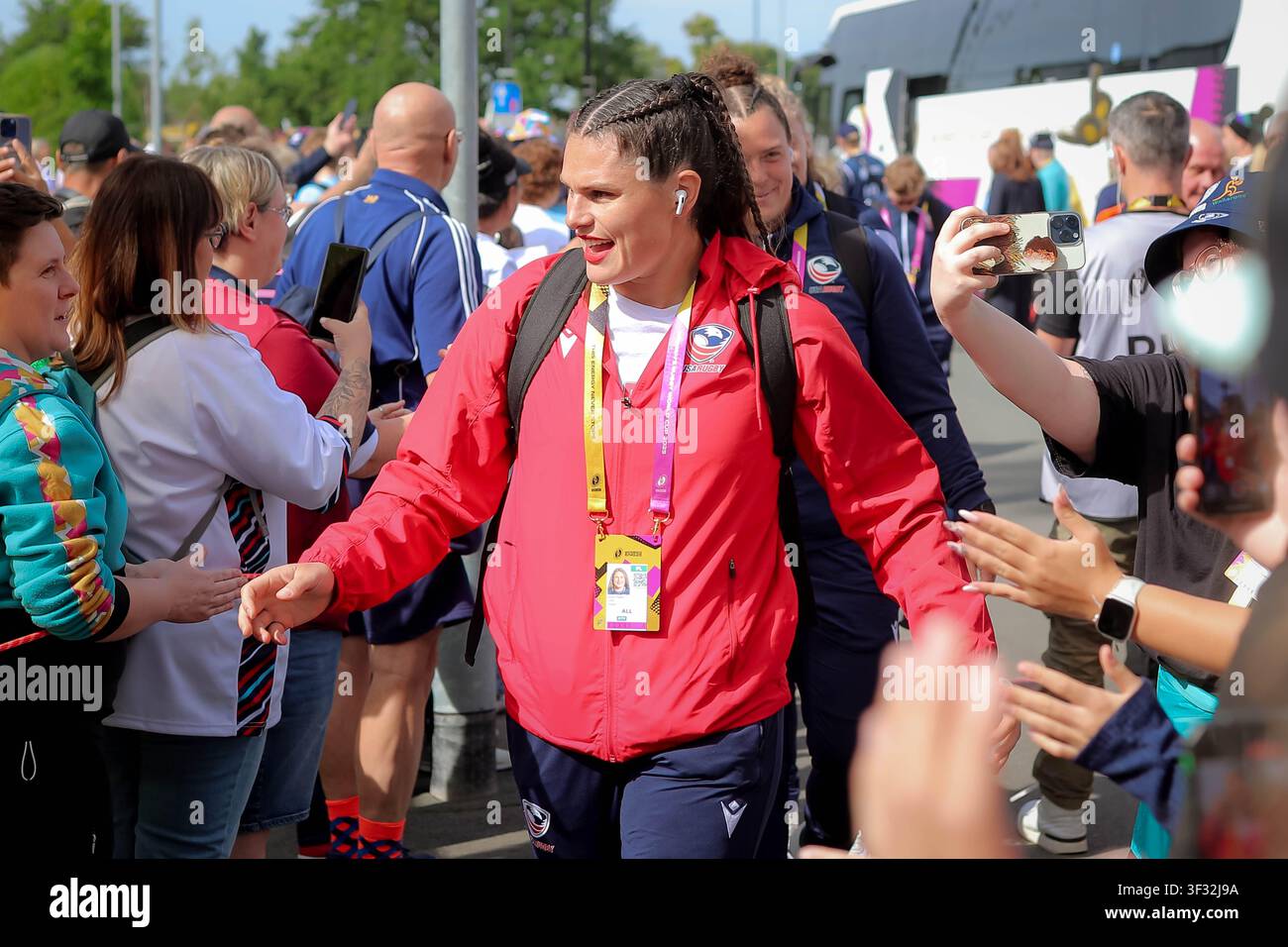 USA centre Ilona Maher arrives at York Community Stadium ahead of the Women's Rugby World Cup 2025 Pool A match against Samoa in York, England. Stock Photo