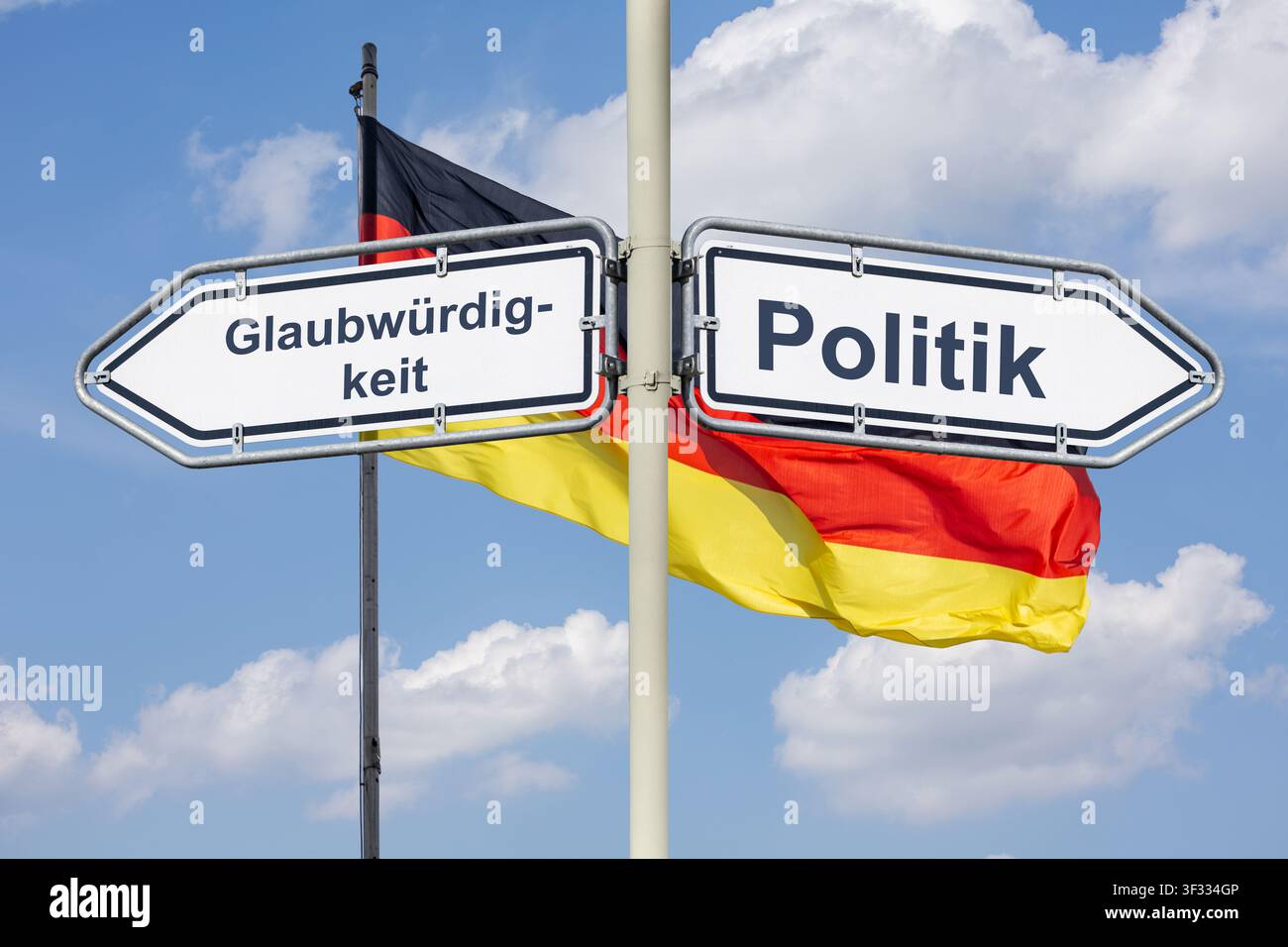 (Photomontage) Directional arrows next to a German flag point towards  GLAUBWÜRDIGKEIT and POLITIK Stock Photo