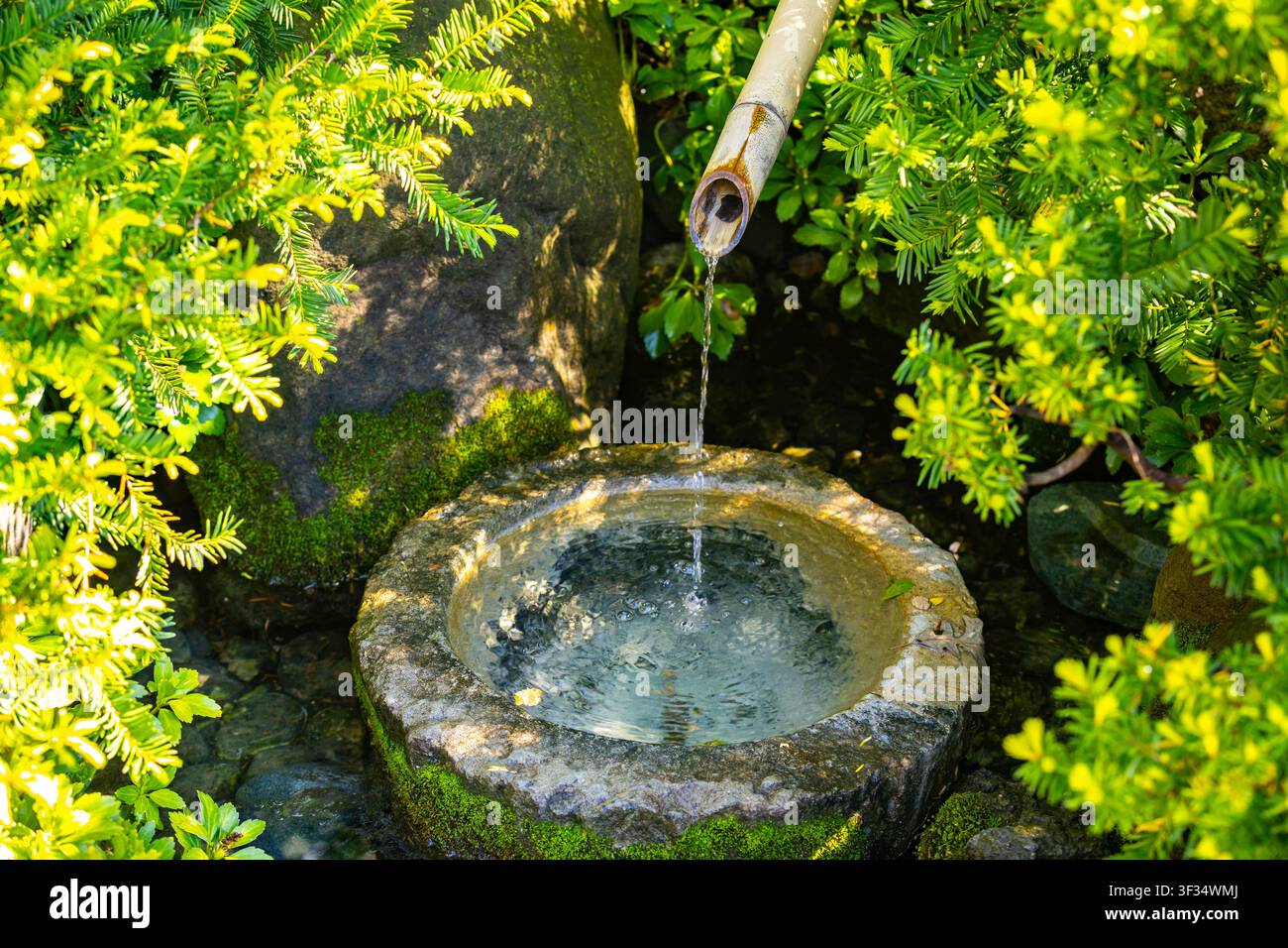 Beautiful view of decorative elements and landscaped scenery at Anderson Japanese Gardens in Rockford Illinois Stock Photo