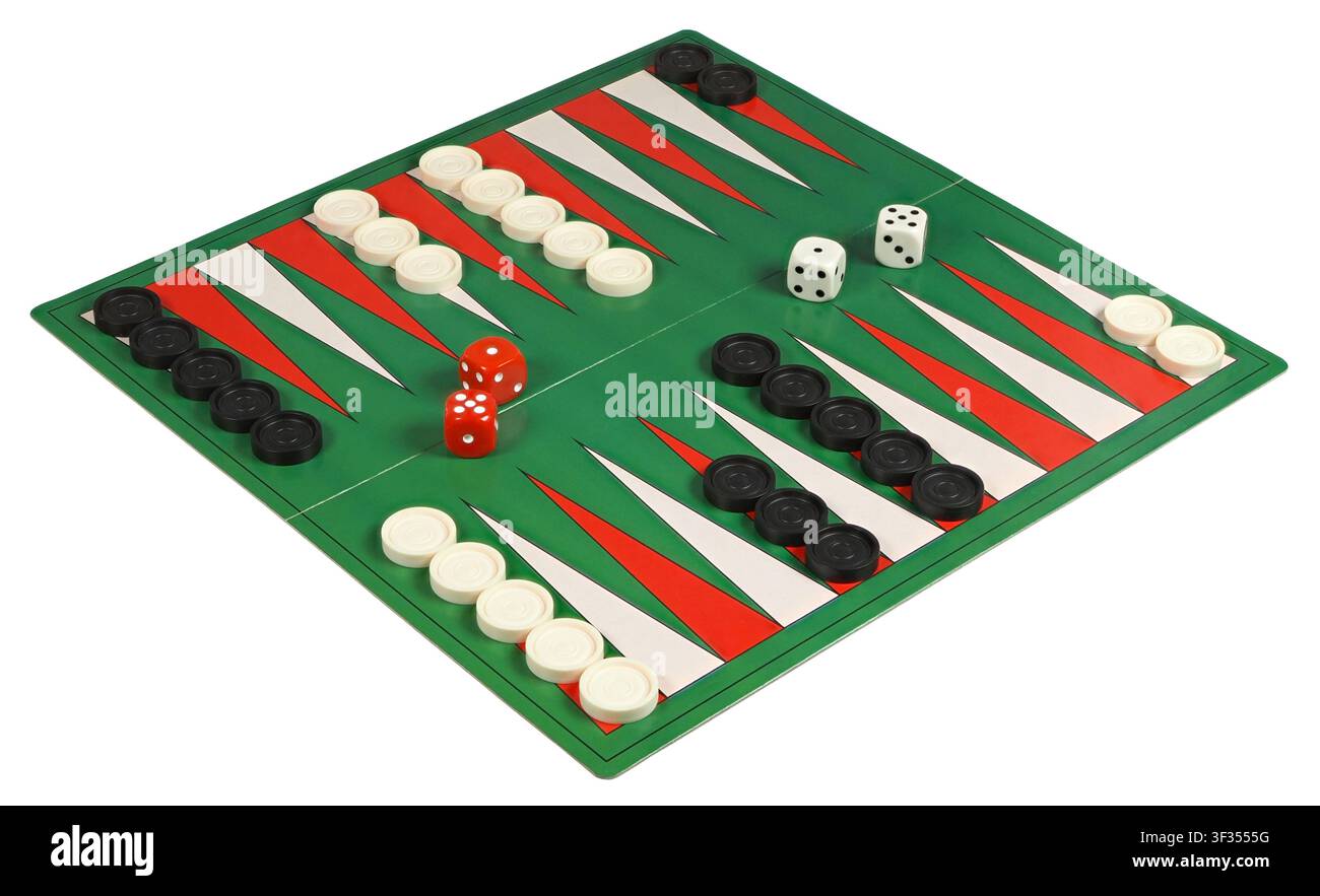 Backgammon game board and pieces isolated on white background Stock Photo