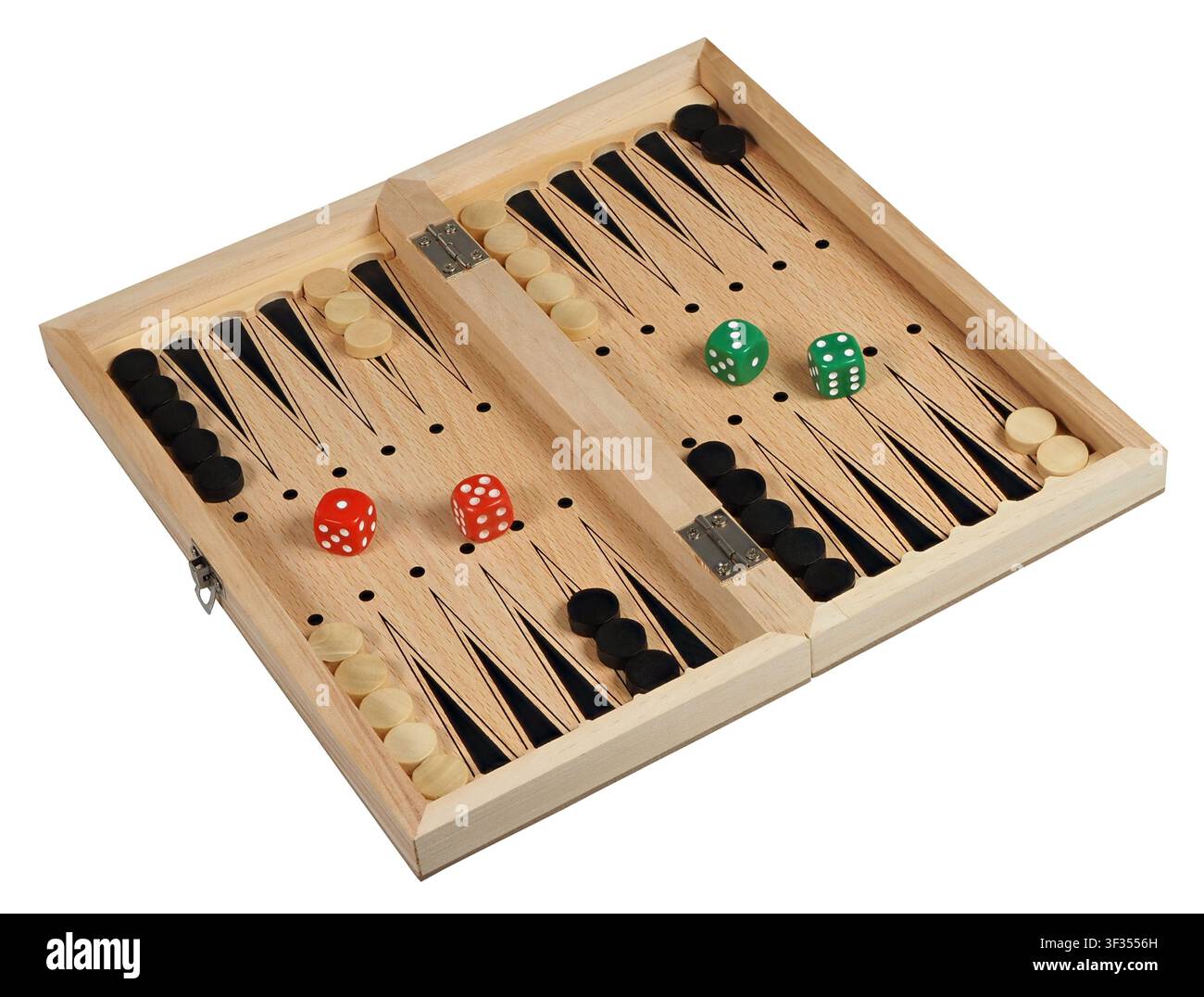 Backgammon game board and pieces isolated on white background Stock Photo
