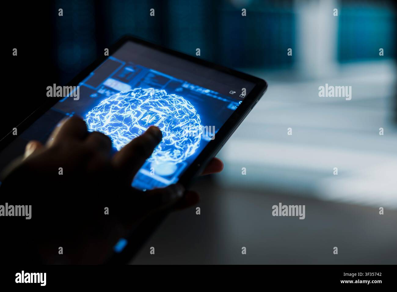 Close up of data center computer scientist using AI on tablet to troubleshoot backend operations gear. Server hub worker running deep learning software development program, resolving system crashes Stock Photo