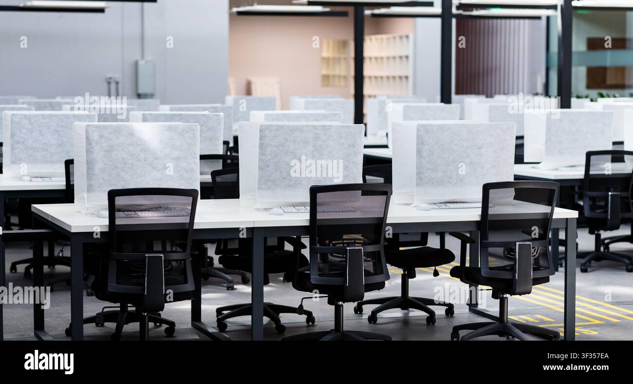 Open space office with many computers, quarantine Stock Photo