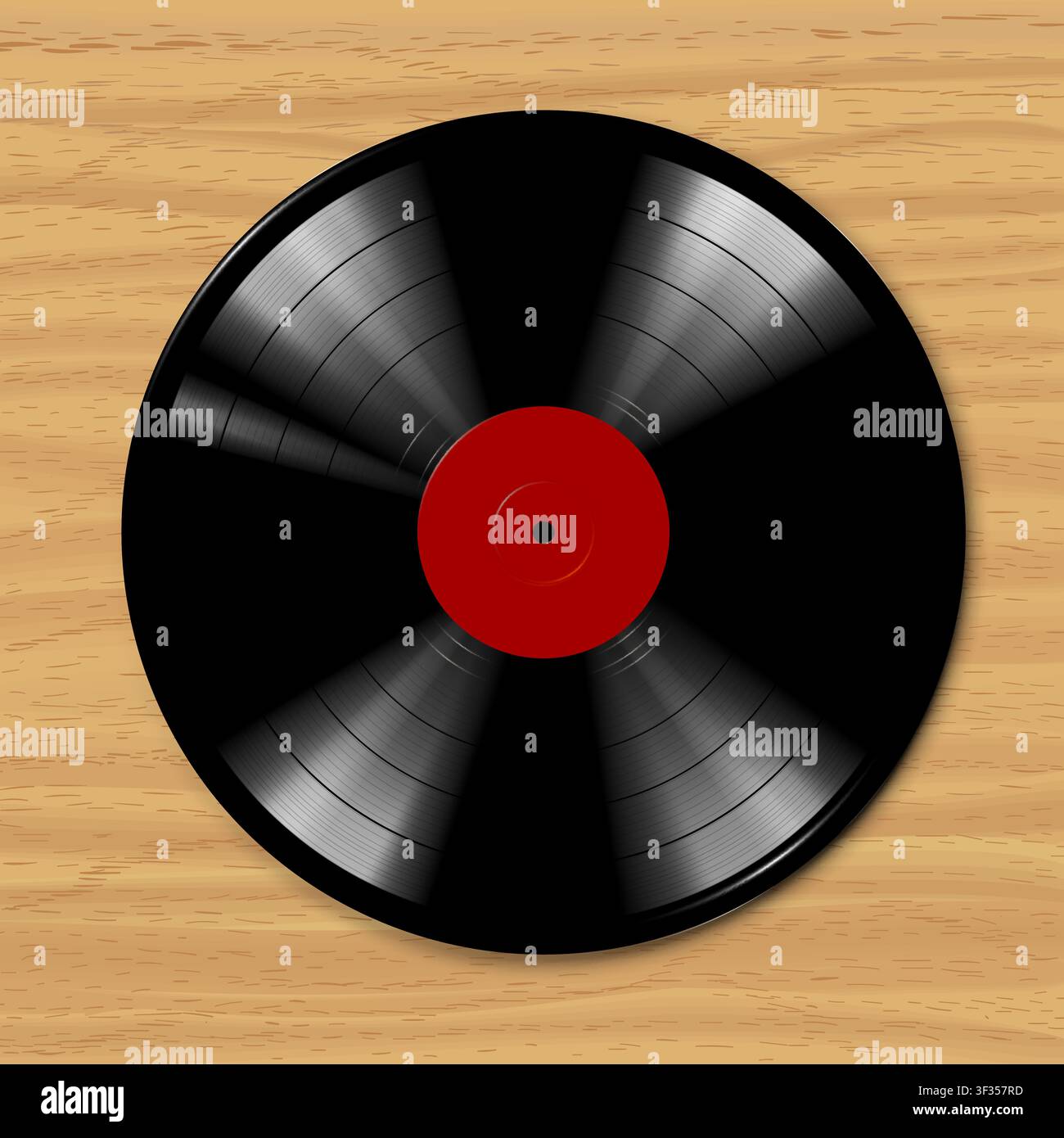Black vinyl record spins on wooden surface. Stock Vector
