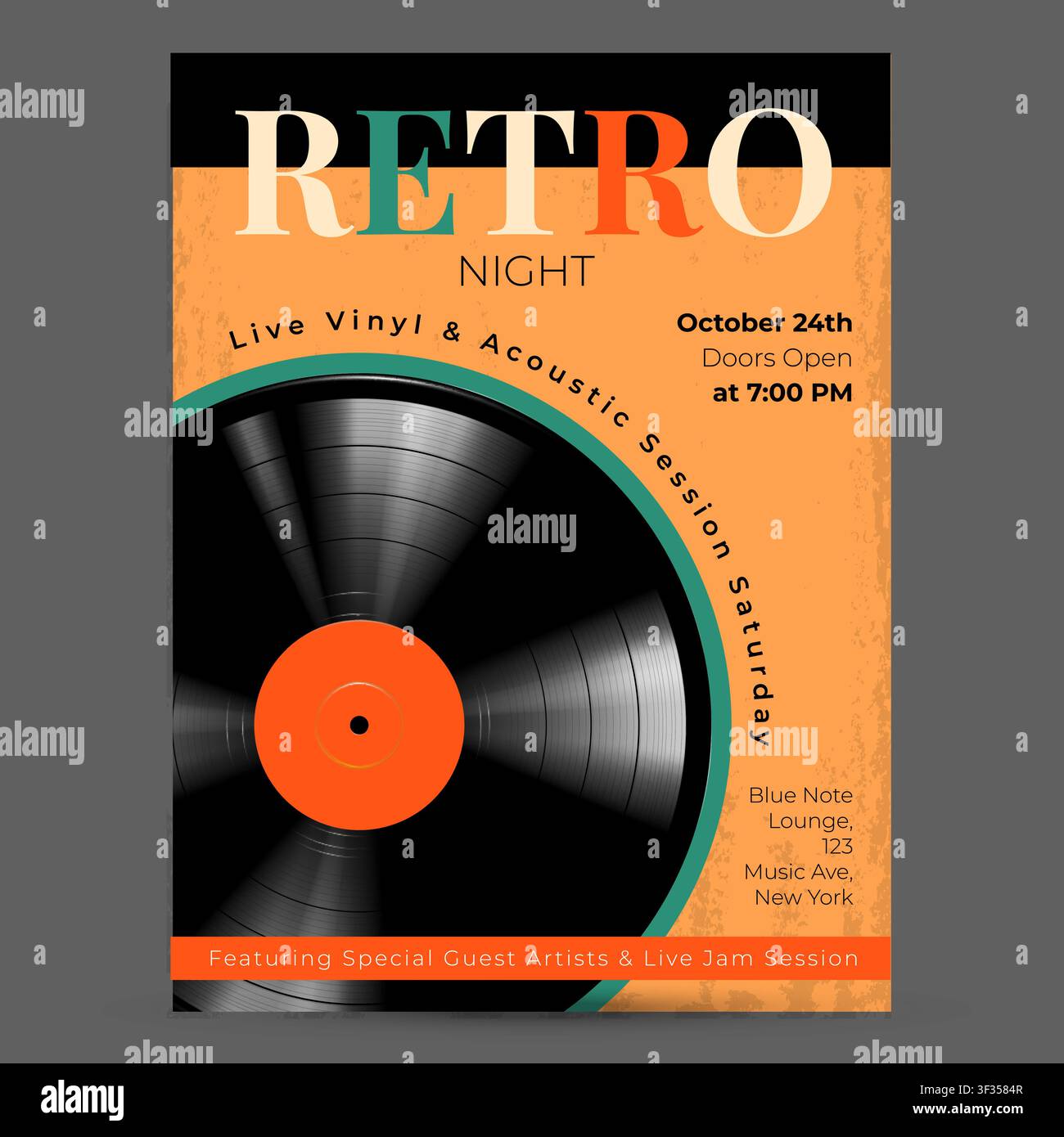 Retro night poster with vinyl record. Stock Vector