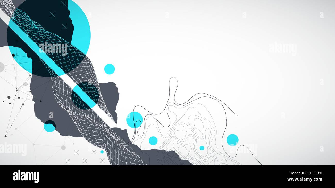 Abstract digital landscape with wireframe terrain, geometric circles, and plexus art. Vector Stock Vector
