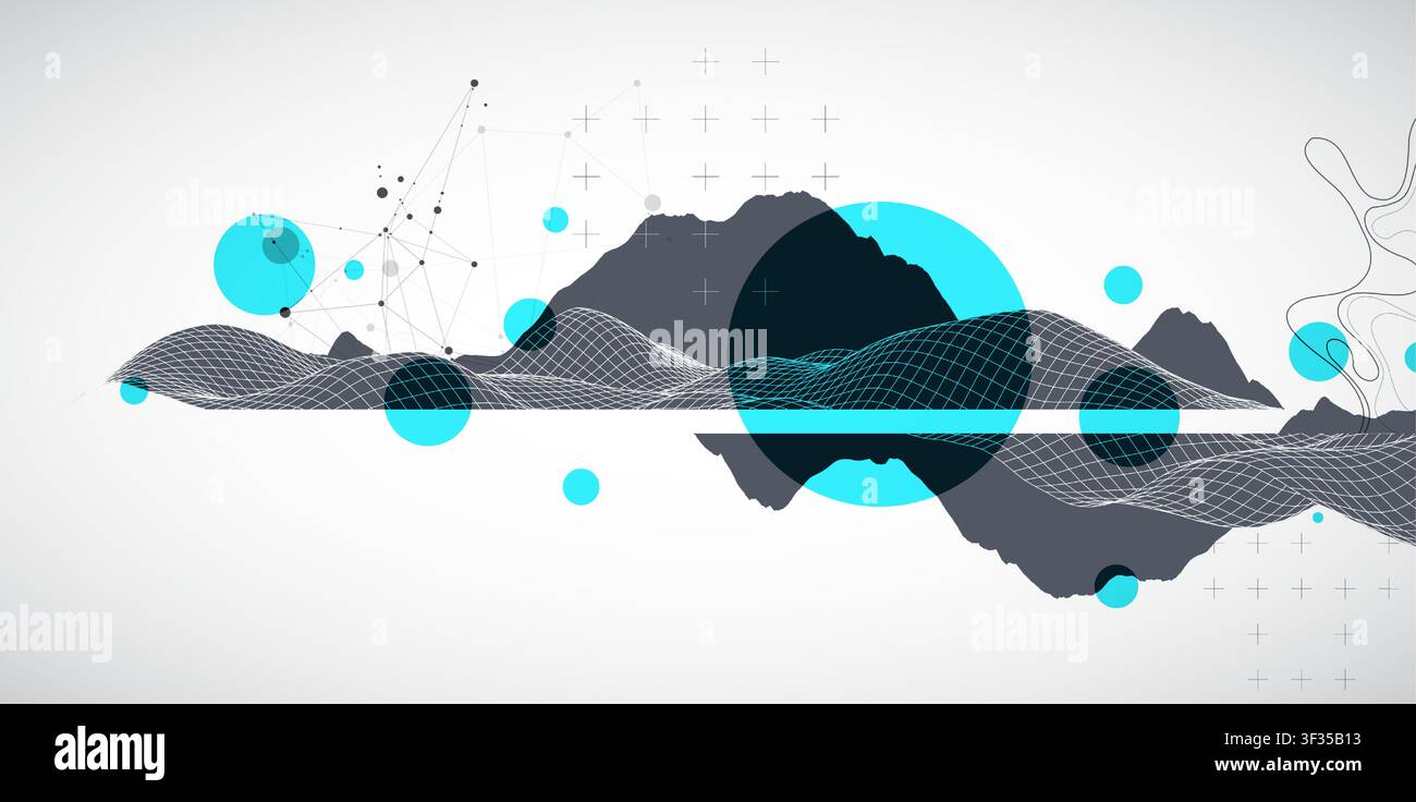 Abstract digital landscape with wireframe terrain, geometric circles, and plexus art. Vector Stock Vector