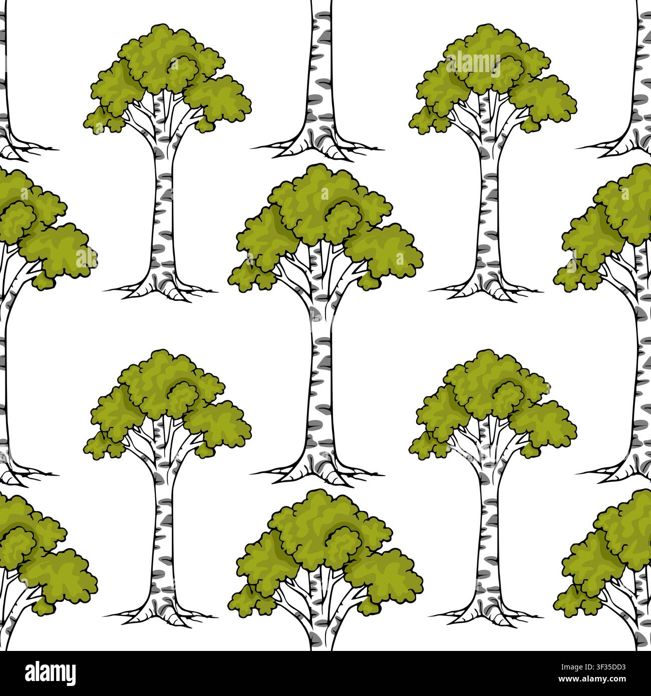 Seamless vector pattern featuring stylized birch trees with vibrant green foliage and characteristic white bark textures. Stock Vector