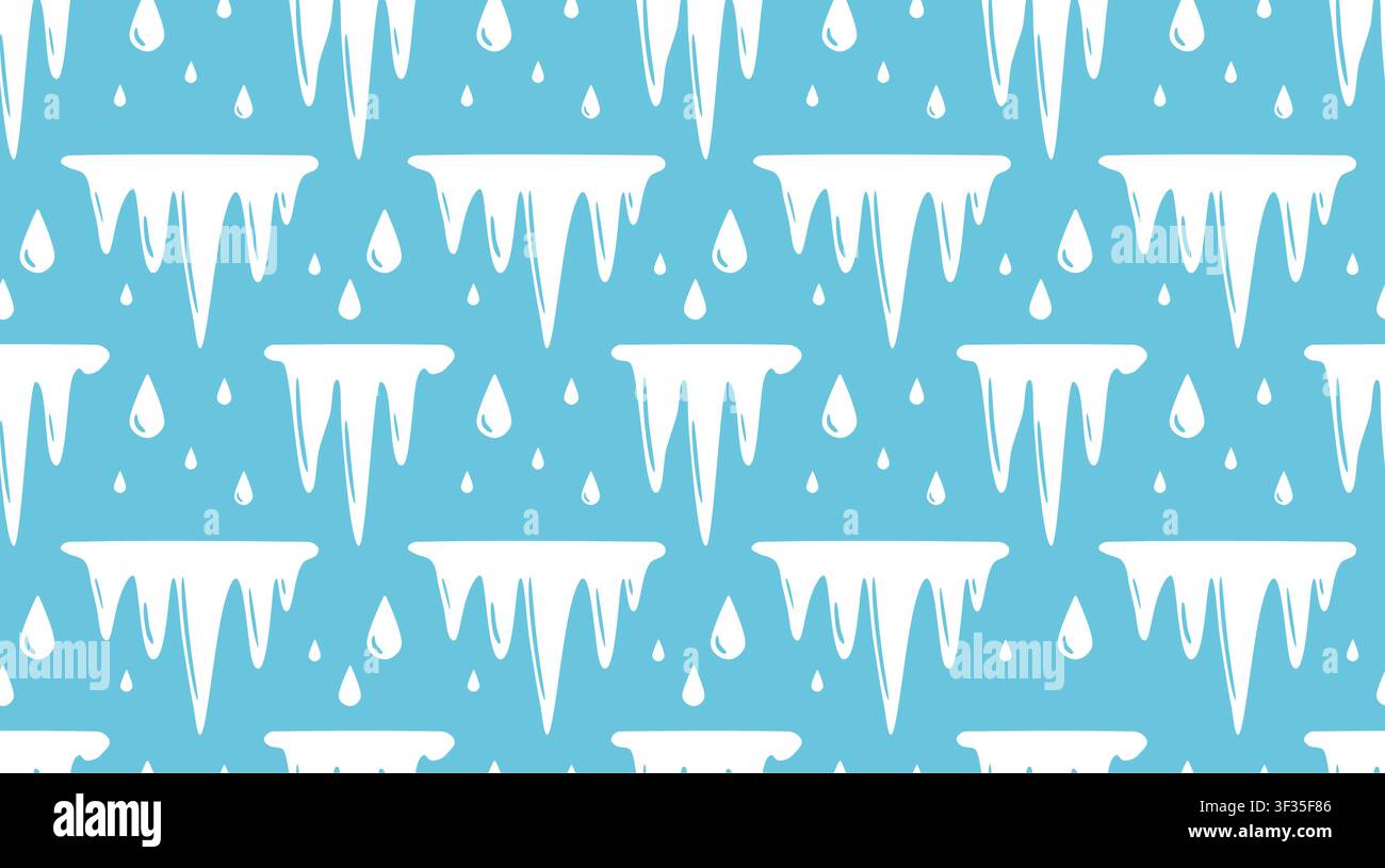 Simple flat vector seamless pattern of white melting icicles and falling water drops on a solid blue background. Stock Vector