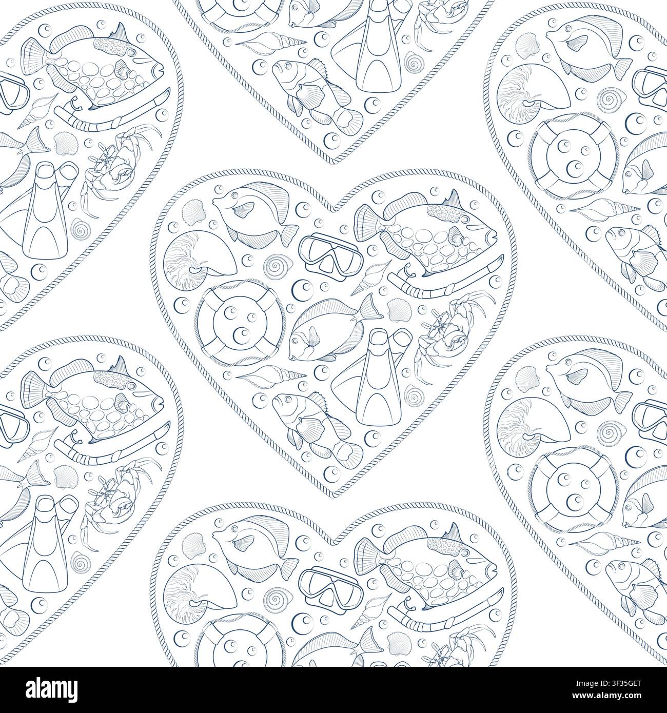 Marine seamless pattern with objects in the shape of a heart. Isolated vector objects. Stock Vector
