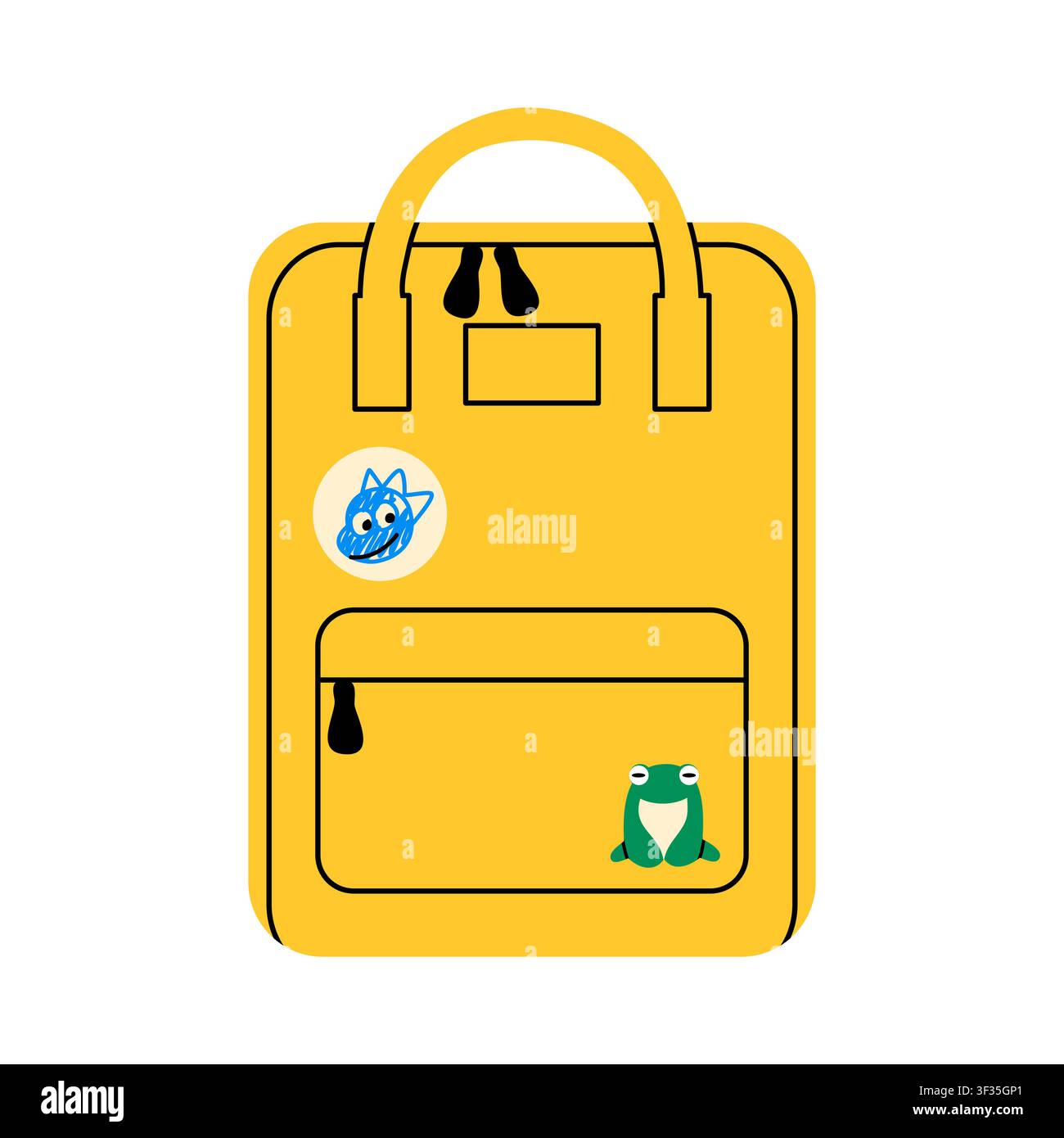 Cute yellow school backpack with frog sticker Stock Vector
